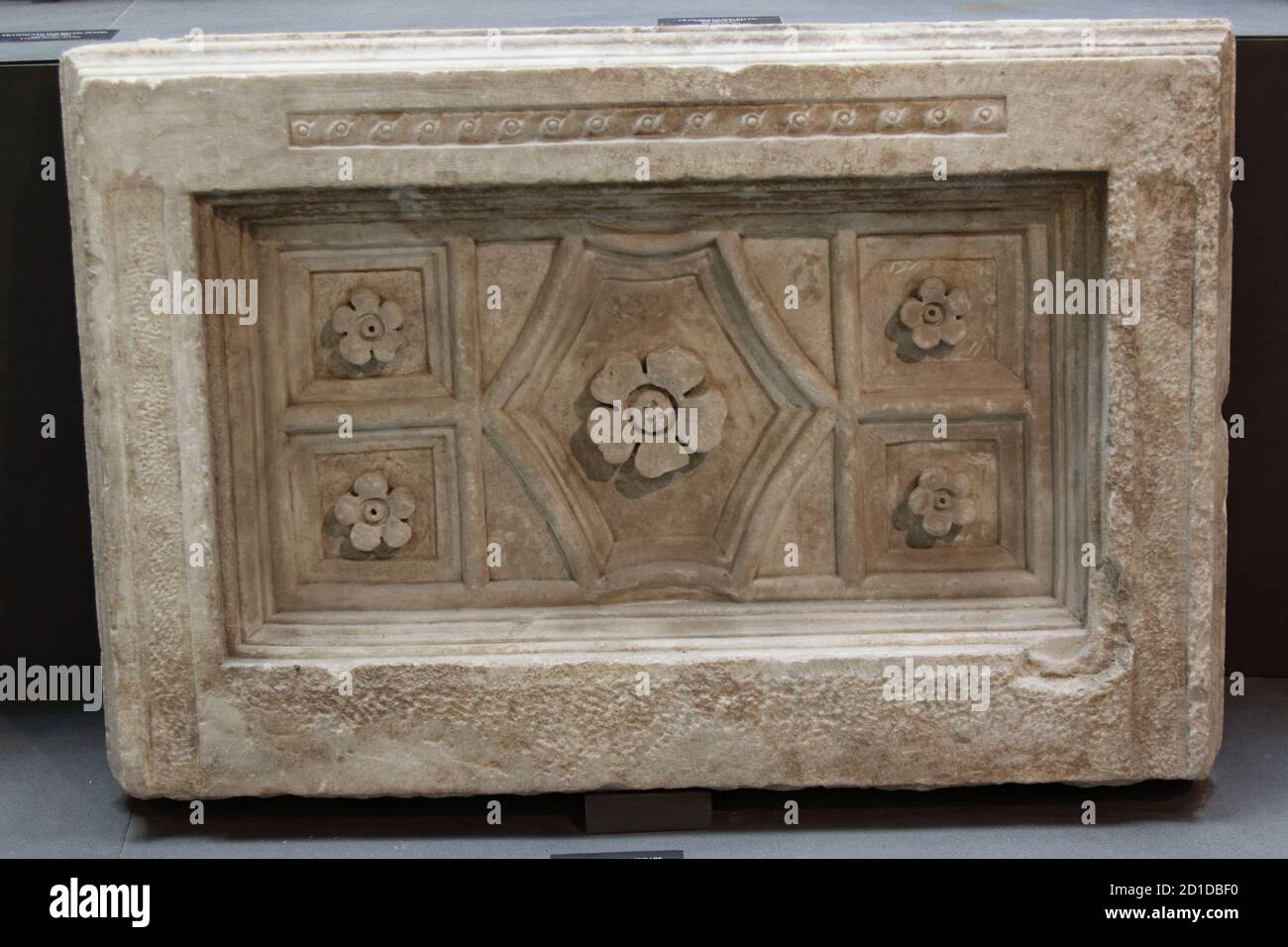 archaeological museum of La Spezia, Italy - summer 2020: marble cinerary urn 3th century BC Stock Photo