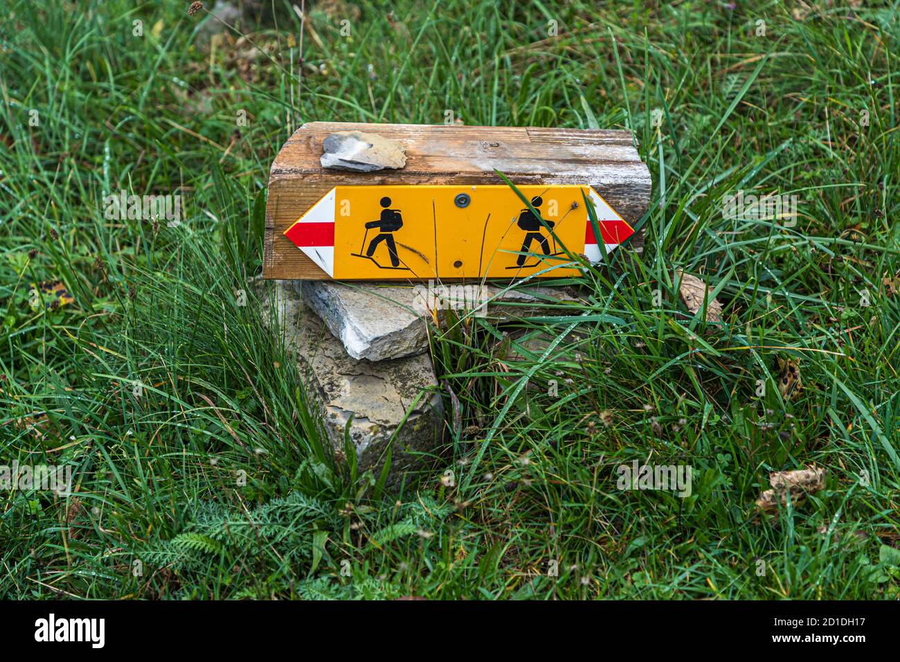 Hiking trail sign in the grass of an alpine pasture. Impressions in the Ticino Muggio Valley, Breggia, Switzerland Stock Photo