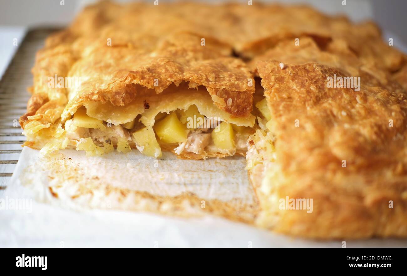Chicken and potatoes pie. Homemade pie with chicken, potatoes and cheese. ready baked cut pie on a rack. home cooking during quarantine Stock Photo