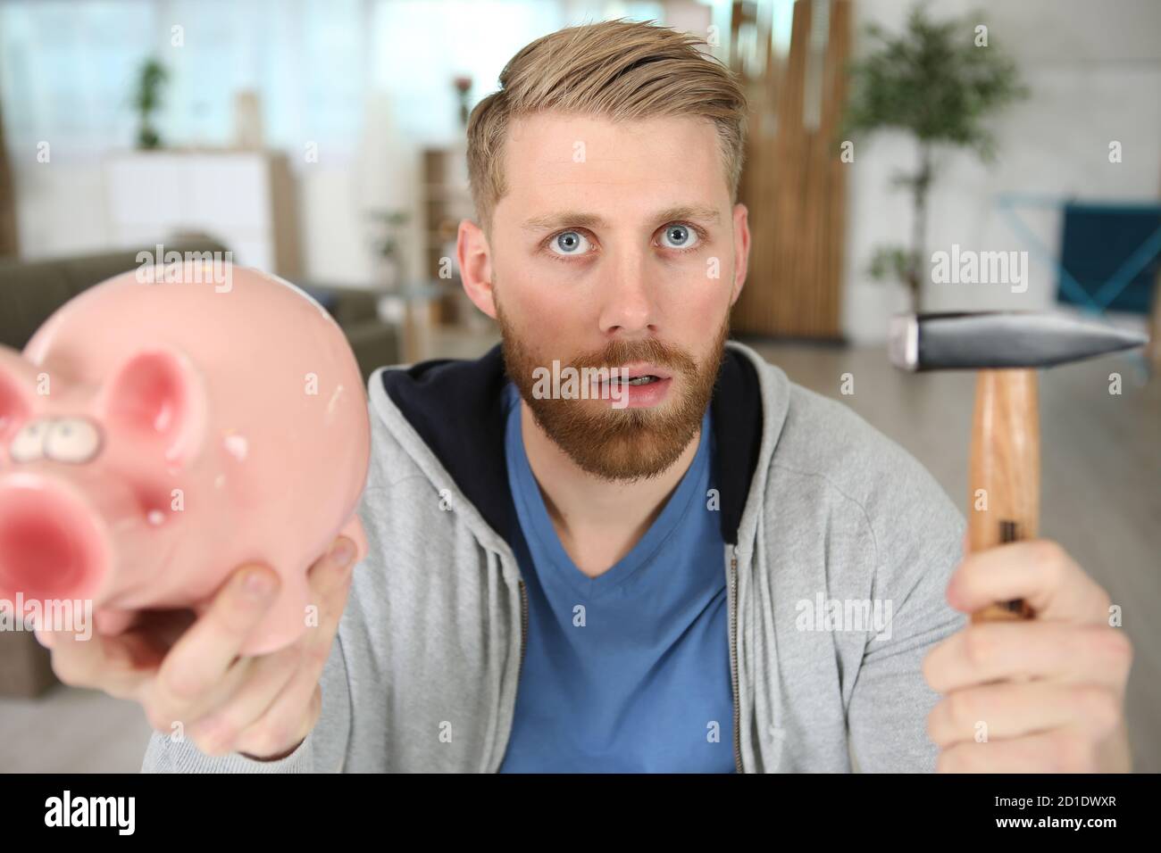 man about to break a piggybank Stock Photo - Alamy
