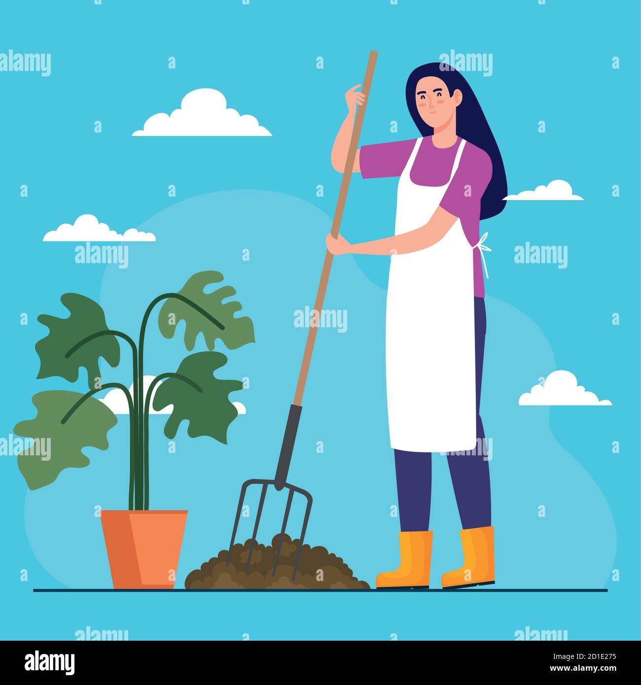 Gardening woman with rake and plant inside pot vector design Stock ...
