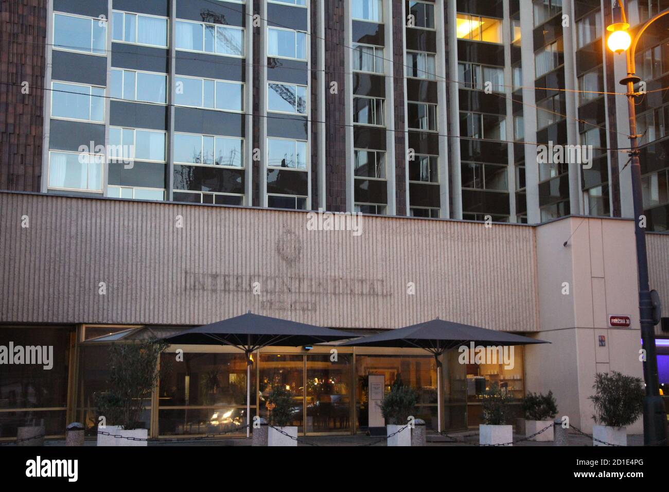 We were taking a walk in the centre of Prague and noticed that the signage of Prague's Intercontinental Hotel was already taken down. Astounding. Stock Photo