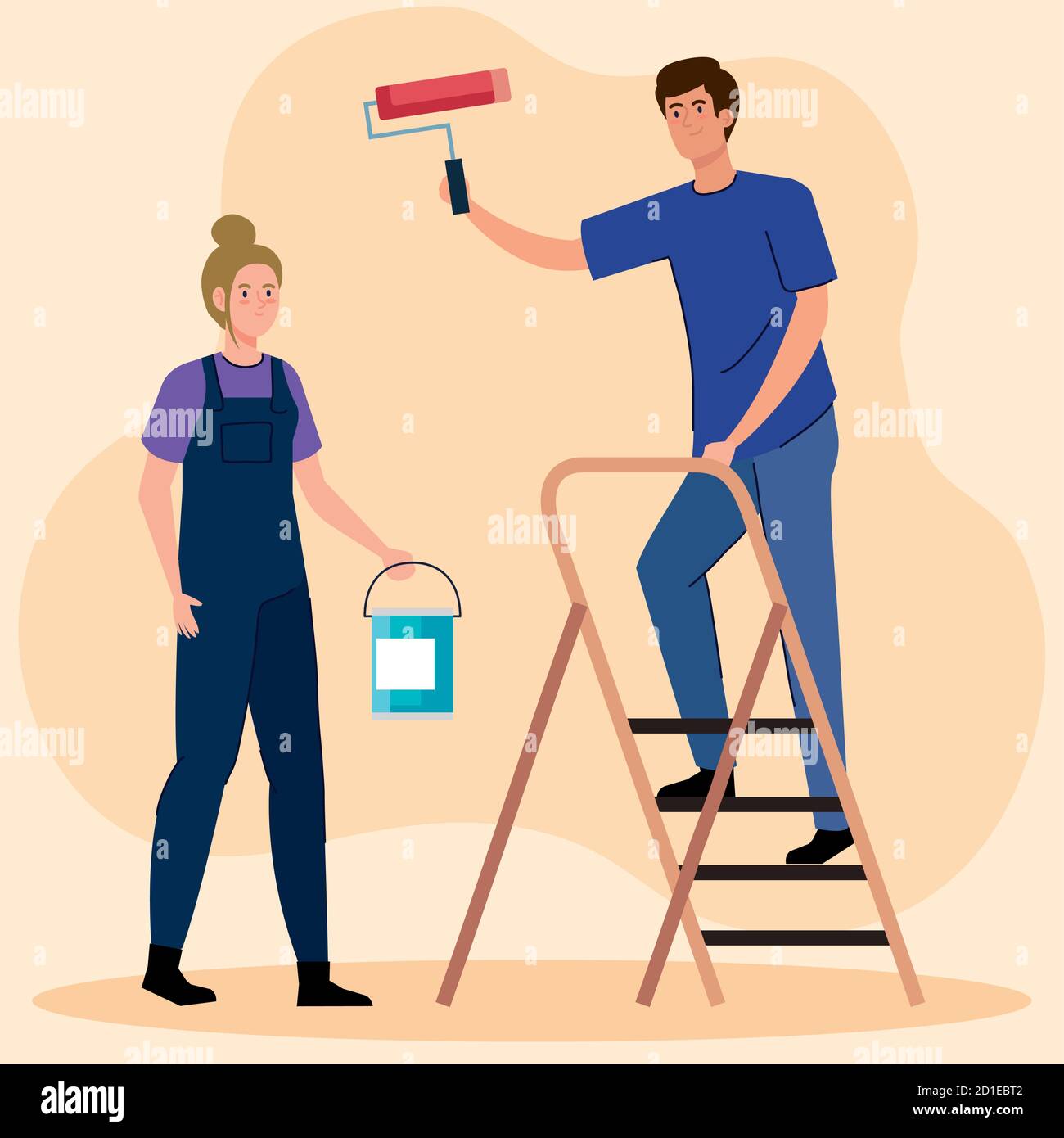 woman and man cartoons painting with roll bucket and ladder vector ...