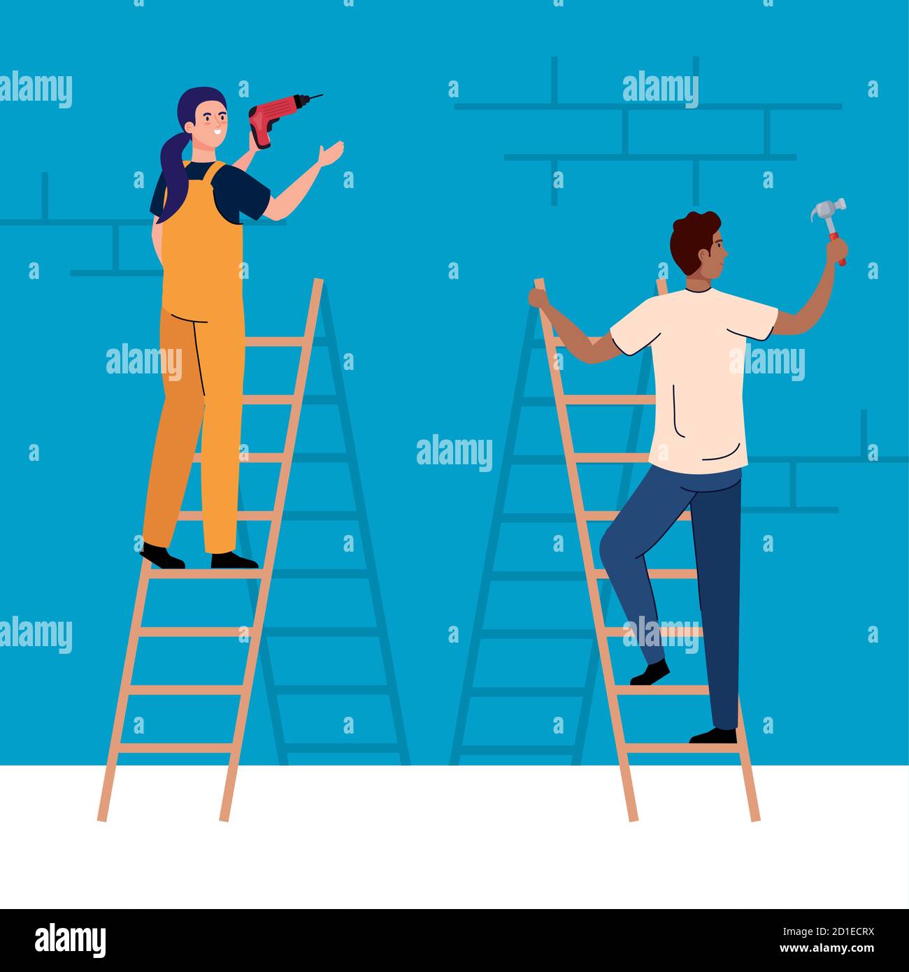 woman and man with construction hammer and drill vector design Stock ...