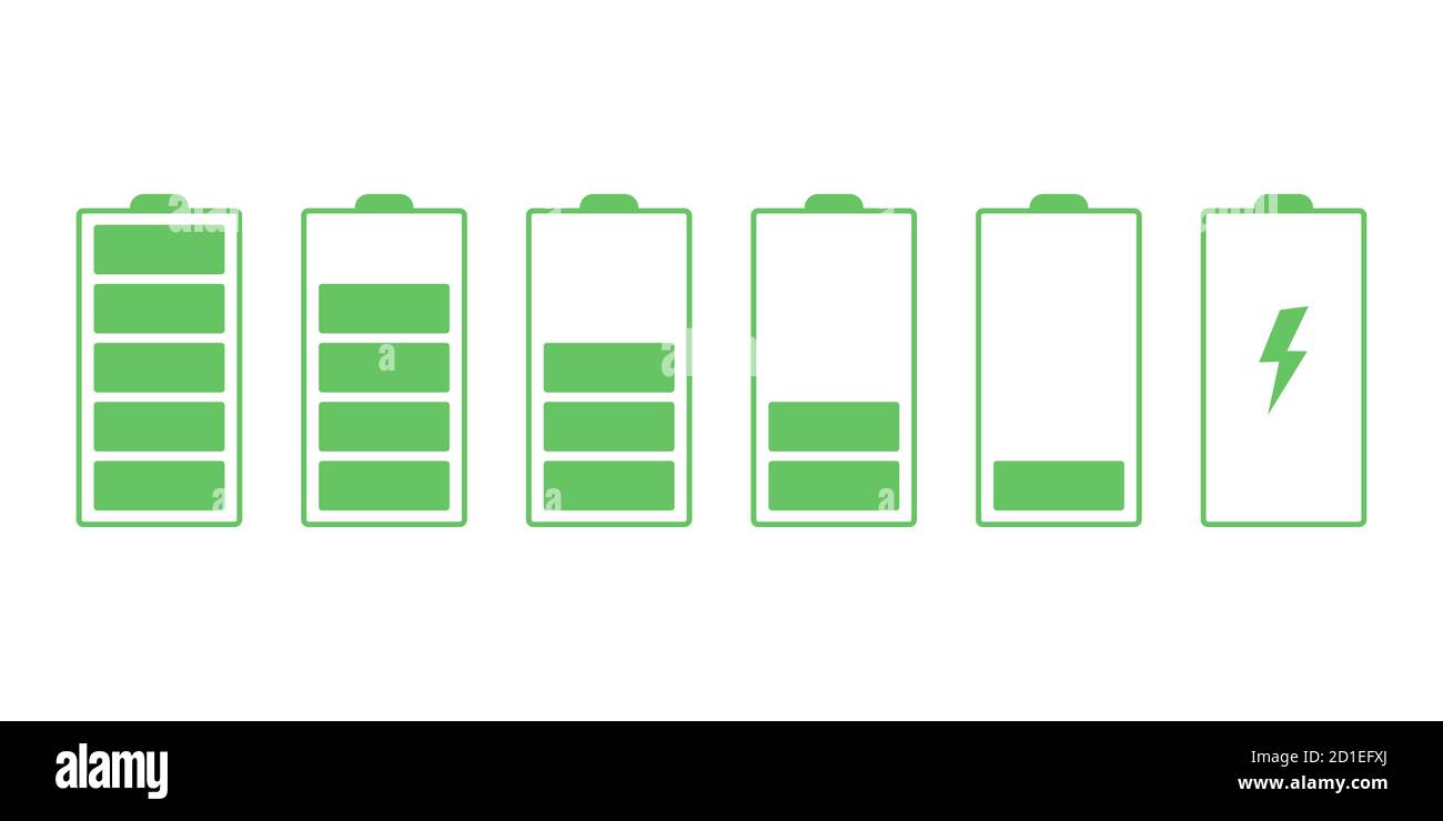 Battery charge indicator green icons set for UI design. Battery