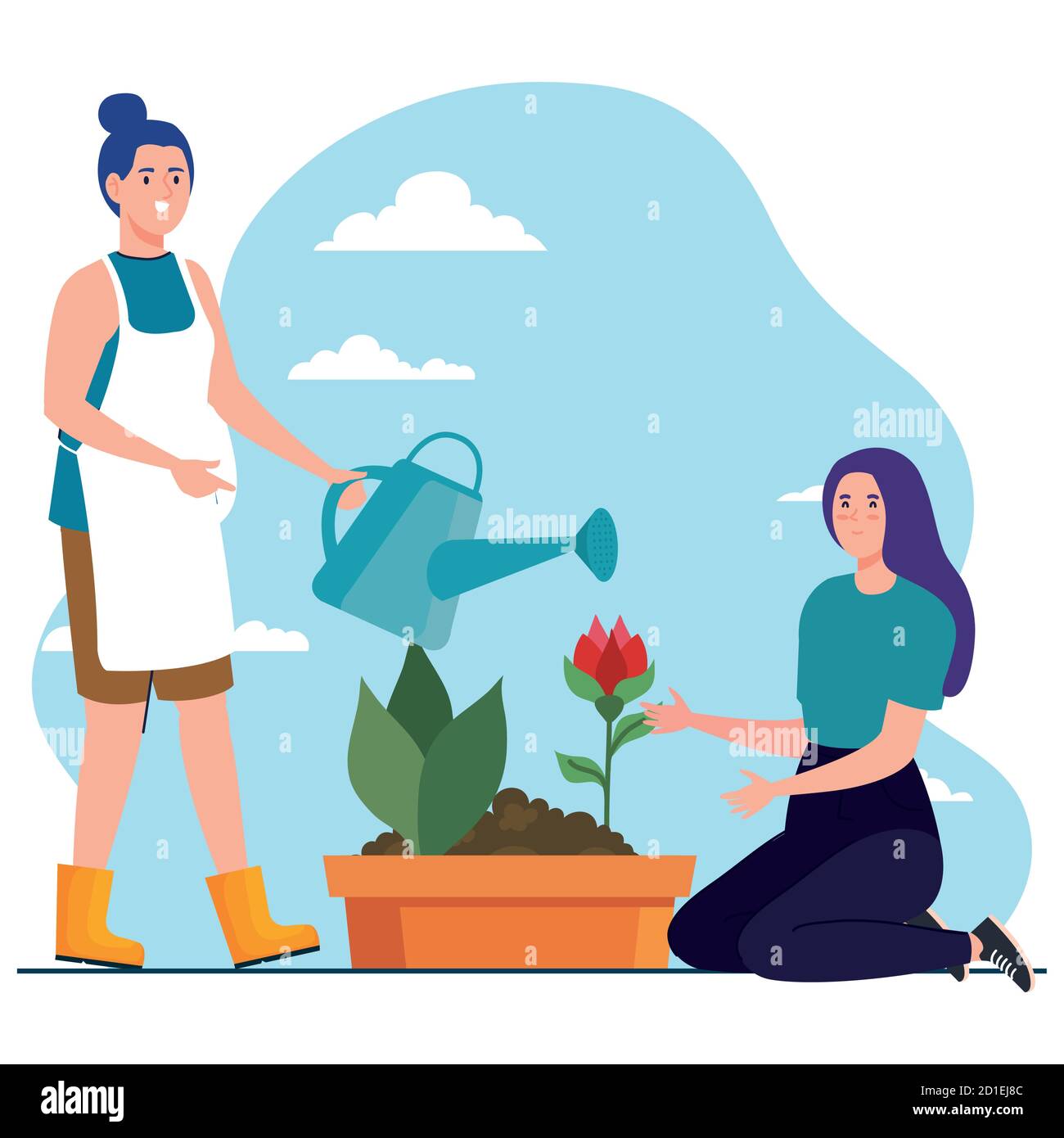 Gardening women with watering can and rose flower vector design Stock ...