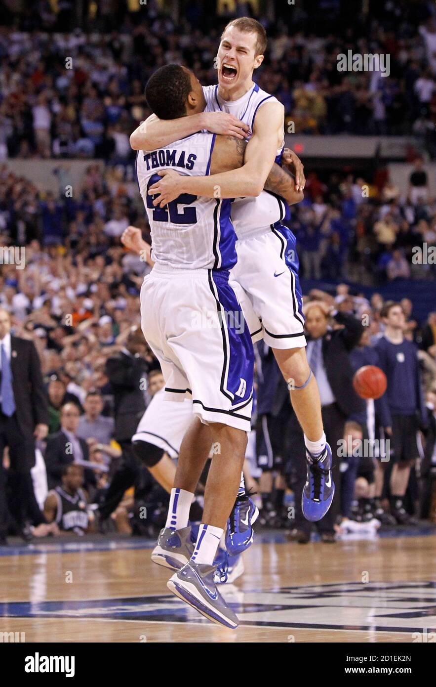 Duke's Jon Scheyer (R) and Lance Thomas celebrate their victory against Butler their NCAA national championship college basketball game in Indianapolis, Indiana, April 5, 2010.     REUTERS/Mark Blinch (UNITED STATES - Tags: SPORT BASKETBALL IMAGES OF THE DAY) Stock Photo
