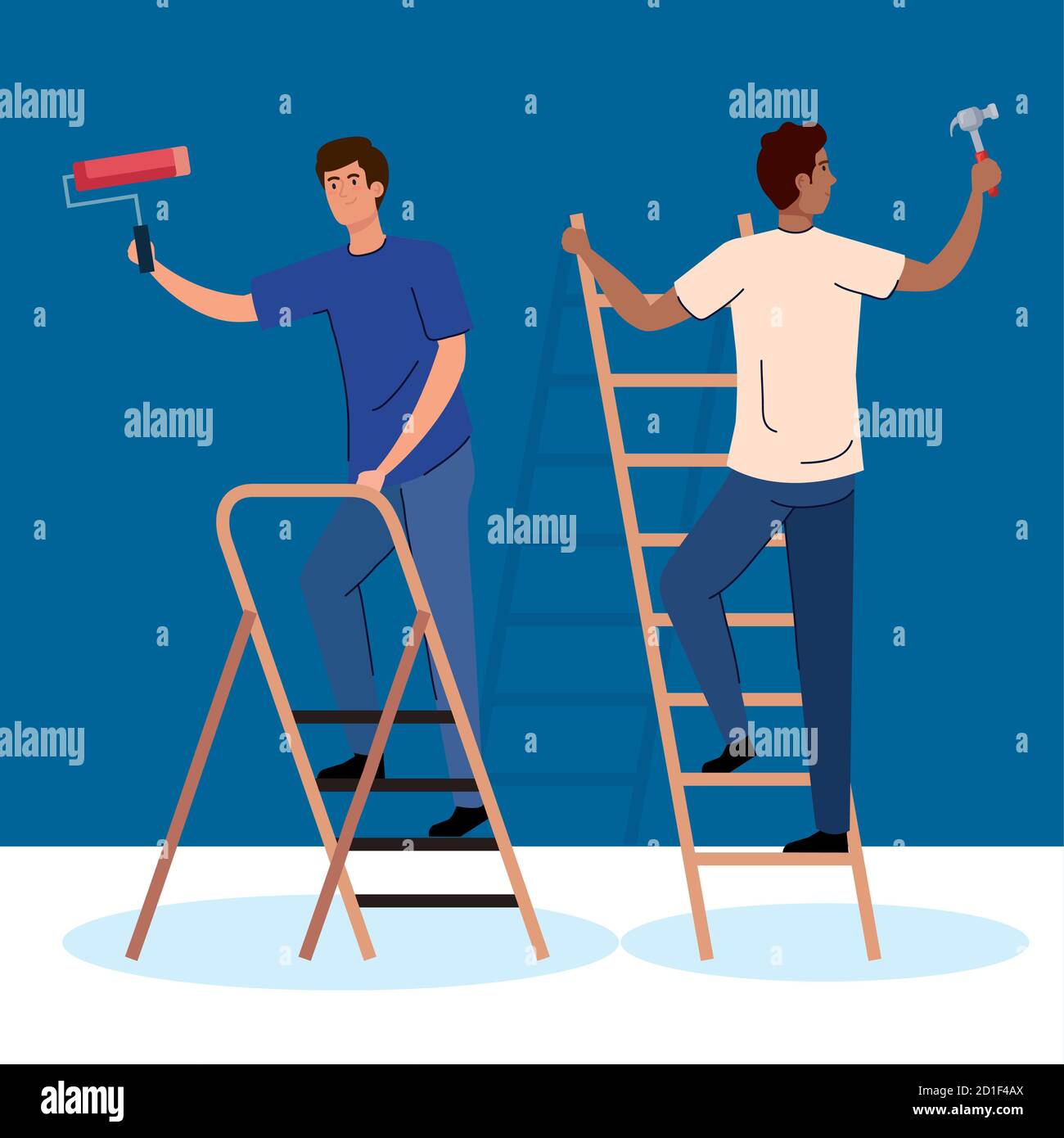 men with construction hammer paint roll and ladder vector design Stock ...