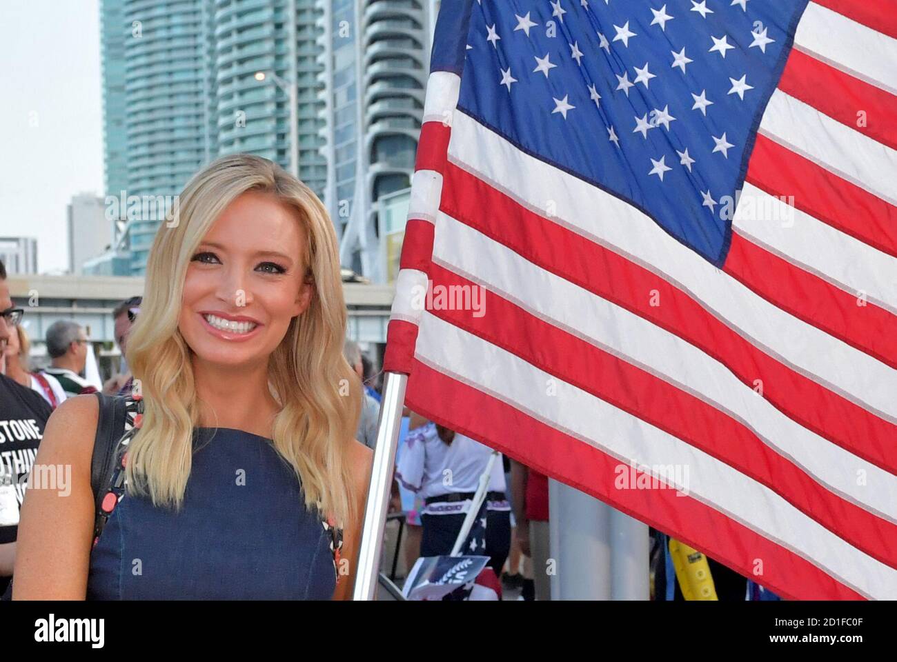 MIAMI, FLORIDA - JUNE 26: (EXCLUSIVE COVERAGE) President Trumps Newly appointed White House Press Secretary Kayleigh McEnany joins Protesters outside prior to the first 2020 Democratic presidential debate including New York police officers that are protesting New York Mayor Bill de Blasio. A field of 20 Democratic presidential candidates was split into two groups of 10 for the first debate of the 2020 election, taking place over two nights at Knight Concert Hall of the Adrienne Arsht Center for the Performing Arts of Miami-Dade County on June 26, 2019 in Miami, Florida Credit: Hoo-me/MediaPu Stock Photo