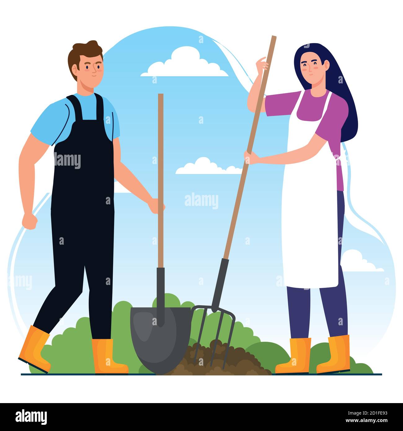 Gardening man and woman with rake and shovel vector design Stock Vector ...