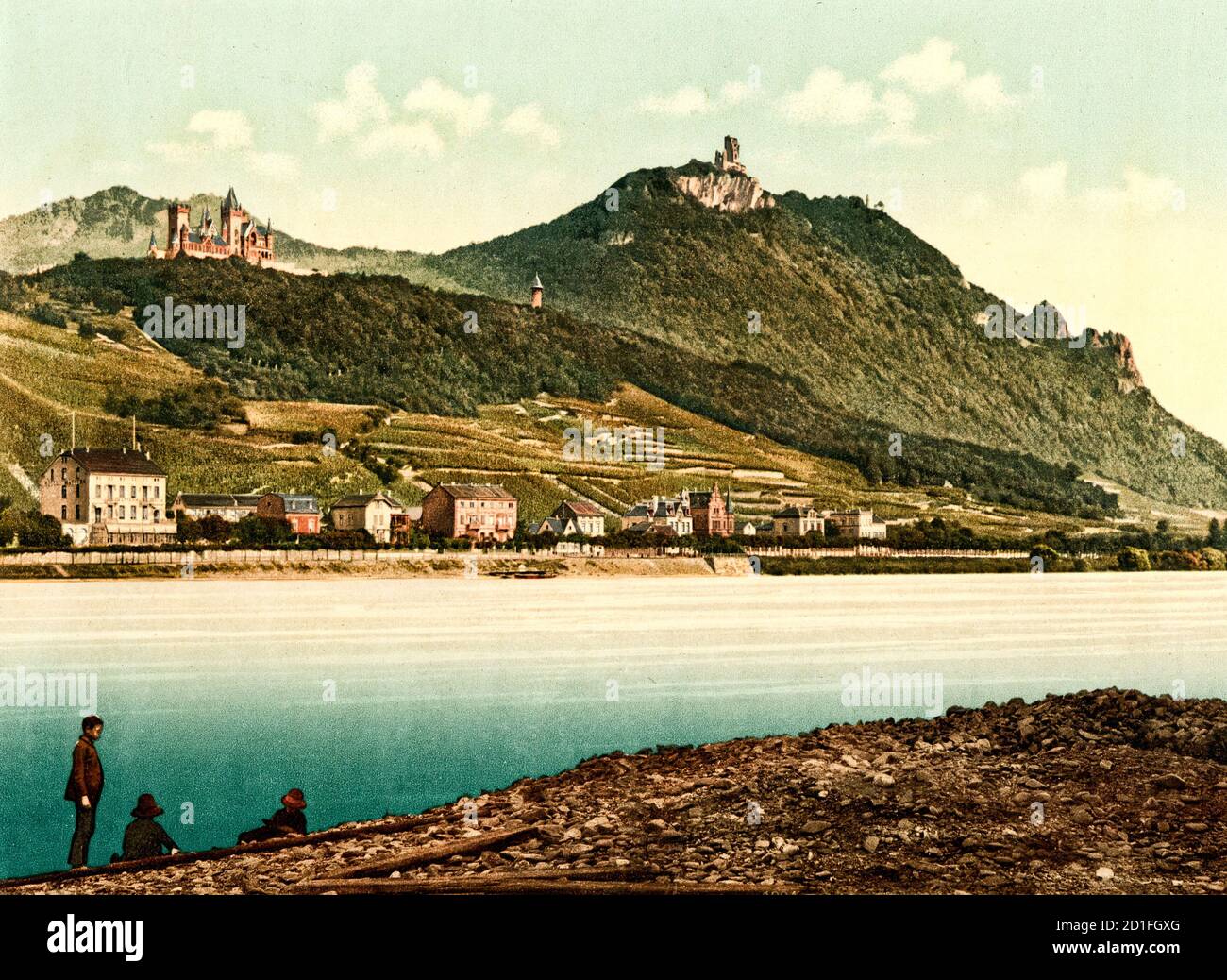 Konigswinter and the Drachenfels. Postcard in Photochrom, around 1900 Stock Photo
