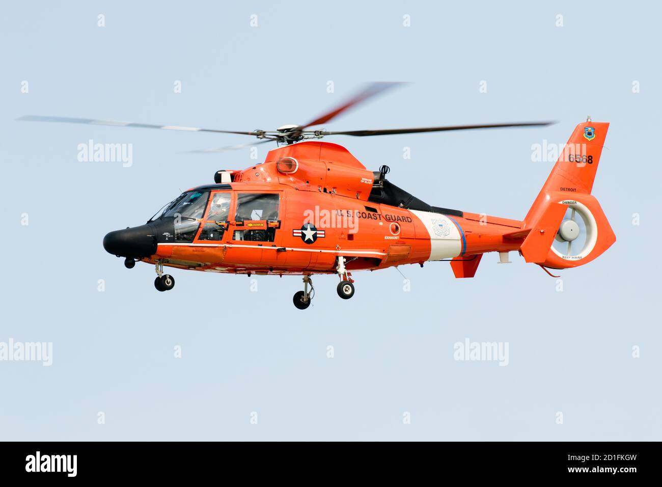 A US Coast Guard MH-65 Dolphin helicopter as it performs at Airshow London Skydrive 2020 in London, Ontario, Canada. Stock Photo