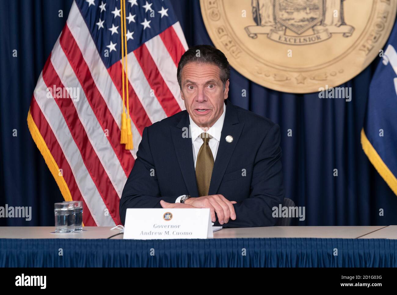 New York, NY - October 5, 2020: NYS Governor Andrew Cuomo makes daily media announcement and briefing at 633 3rd Avenue, Manhattan Stock Photo