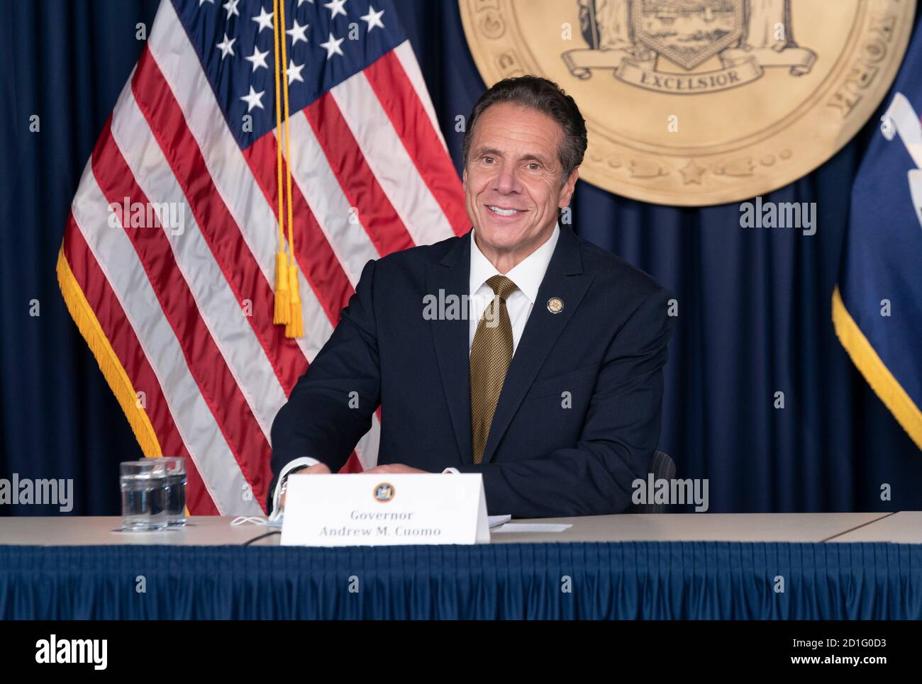 New York, NY - October 5, 2020: NYS Governor Andrew Cuomo makes daily media announcement and briefing at 633 3rd Avenue, Manhattan Stock Photo