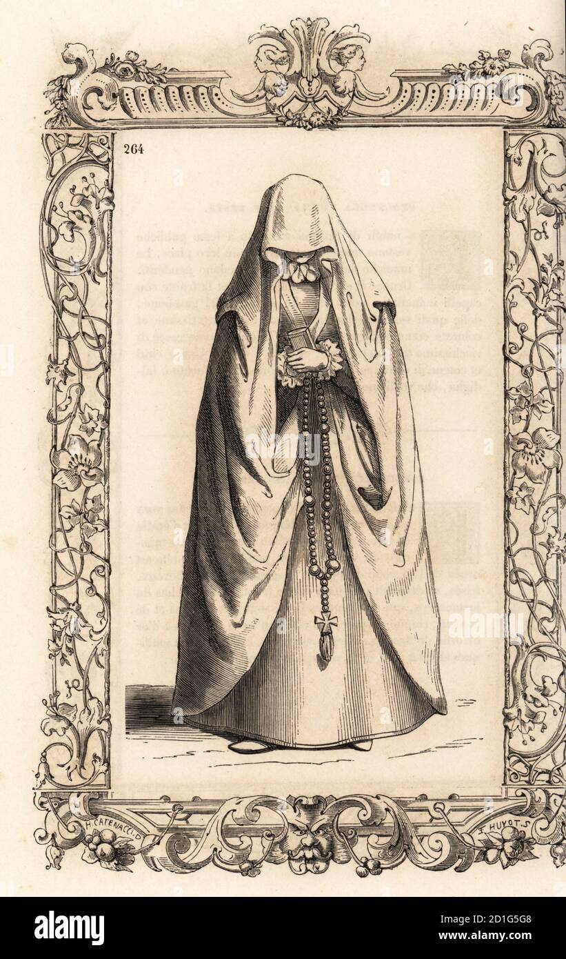 Costume of a young woman of Spain, 16th century. She wears a long veil that  covers her face, frilled collar and cuffs, and holds a rosary and prayer  book. Jeune fille d'Espagne.