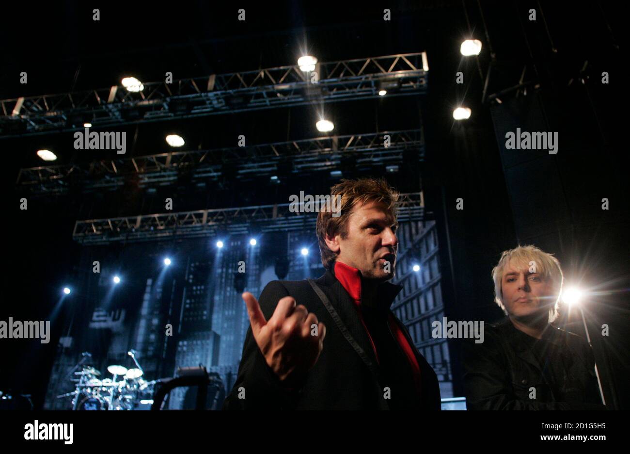 Roger Taylor (L) and Nick Rhodes of Duran Duran speak to Reuters before  their concert in Tokyo April 14, 2008. Pop legends Duran Duran, who shot to  fame for a string of