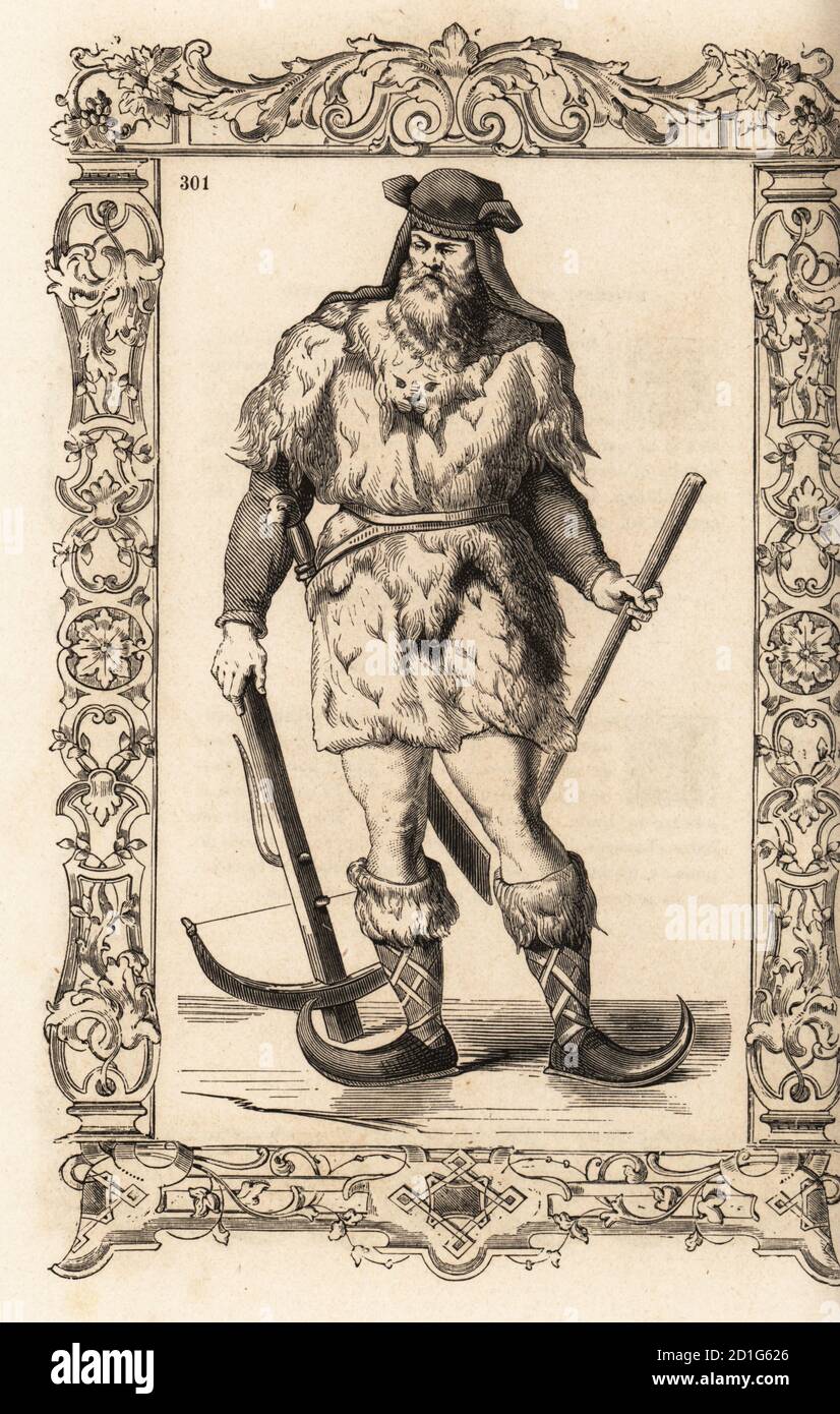 Costume of a man of Bjarmaland (now Arkhangelsk Oblast, Russia). His clothes are made of ermine skins, and he carries a sabre, crossbow and lance. His long, pointed curved shoes allow him to run at speed on ice and snow. Homme de Biarmie. Within a decorative frame engraved by H. Catenacci and Fellmann. Woodblock engraving by Gerard Seguin and E.F. Huyot after a woodcut by Christoph Krieger from Cesare Vecellio’s 16th century Costumes anciens et modernes, Habiti antichi et moderni di tutto il mondo, Firman Didot Ferris Fils, Paris, 1859-1860. Stock Photo