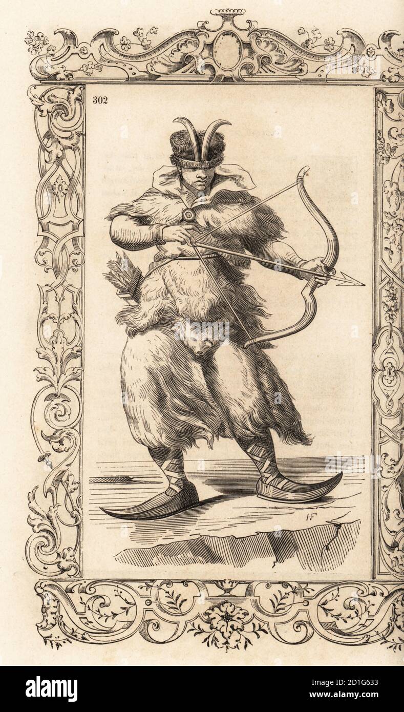 Costume of a woman hunter of Bjarmaland (now Arkhangelsk Oblast, Russia). She wears an outfit of ermine skins, fur hat decorated with horns, long curved shoes. She hunts with bow and arrow. Femme de Biarmie. Within a decorative frame engraved by H. Catenacci and Fellmann. Woodblock engraving by Gerard Seguin and E.F. Huyot after a woodcut by Christoph Krieger from Cesare Vecellio’s 16th century Costumes anciens et modernes, Habiti antichi et moderni di tutto il mondo, Firman Didot Ferris Fils, Paris, 1859-1860. Stock Photo