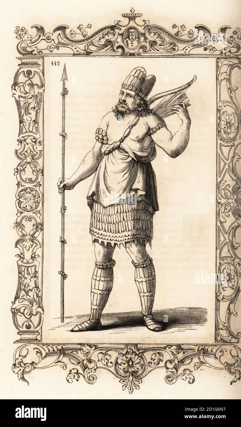 North African (Berber) man of Cefala (Ras El Djebel, Tunisia), 16th century. Armed with lance and bow and arrows, he wears a hat decorated with gold and fine stones, and robes of cotton or silk. Indien Africain de Ceffala. Within a decorative frame engraved by H. Catenacci and Fellmann. Woodblock engraving by Gerard Seguin and E.F. Huyot after a woodcut by Christoph Krieger from Cesare Vecellio’s 16th century Costumes anciens et modernes, Habiti antichi et moderni di tutto il mondo, Firman Didot Ferris Fils, Paris, 1859-1860. Stock Photo