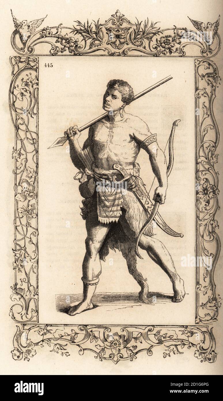 Warrior of the Swahili Coast, 16th century (Kenya, Tanzania, Mozambique, Somalia, Comoros). He wears a loincloth, animal skin with tail, and carries assegai lance, bow and arrows, cutlass. Costume de quelques Maures noirs de Zanguebar en Afrique. Within a decorative frame engraved by H. Catenacci and Fellmann. Woodblock engraving by Gerard Seguin and E.F. Huyot after a woodcut by Christoph Krieger from Cesare Vecellio’s 16th century Costumes anciens et modernes, Habiti antichi et moderni di tutto il mondo, Firman Didot Ferris Fils, Paris, 1859-1860. Stock Photo