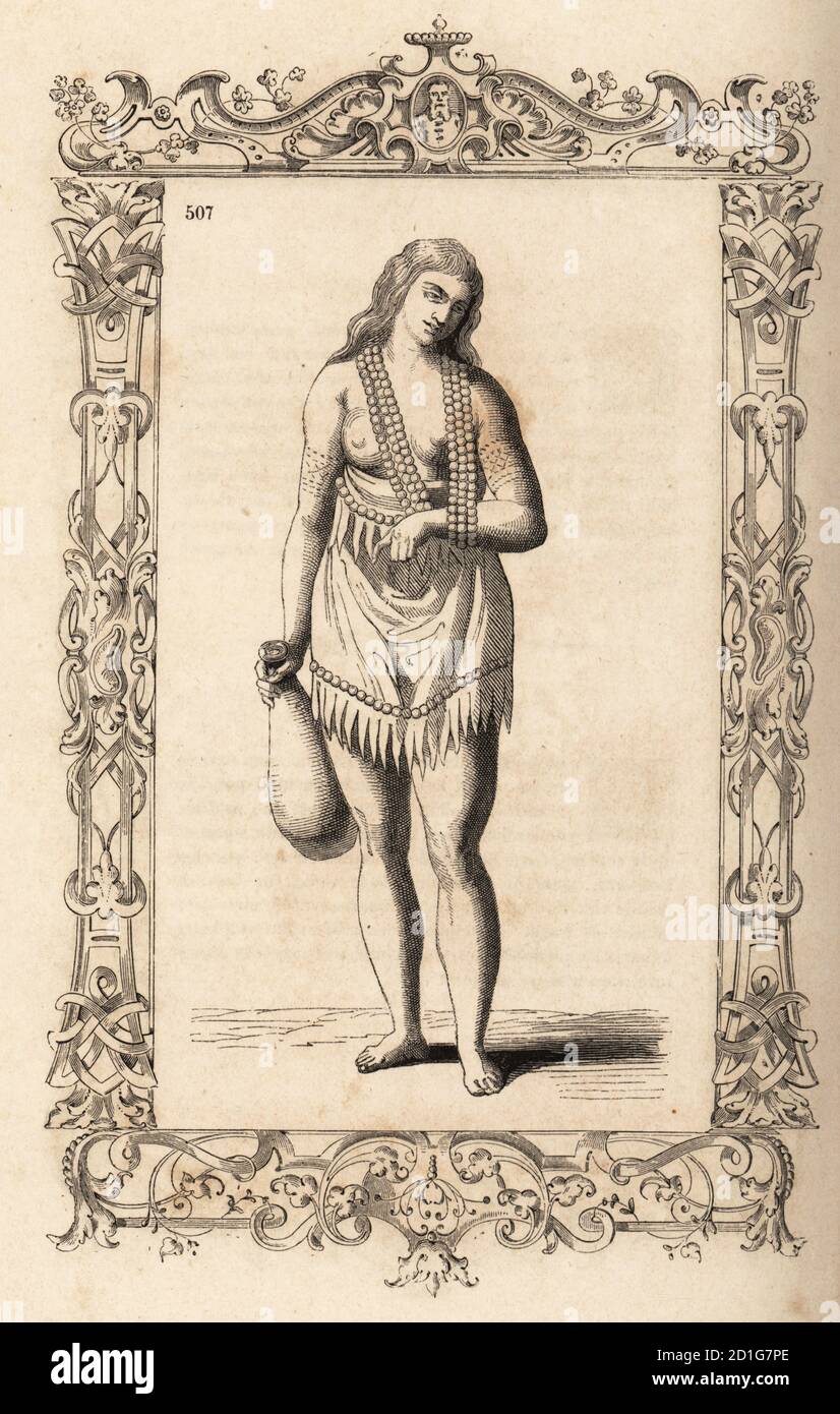 Portrait of the wife of a Powhatan Chief of Pomeoc, North Carolina, with tattoos, necklaces and fringed deer-skin skirt carrying a gourd. A chiefe Herowans wyfe of Pomeiooc. Costume des matrones et des jeunes filles de l’ile Virginie. Based on an engraving by Theodor de Bry after a portrait by John White.Within a decorative frame engraved by H. Catenacci and Fellmann. Woodblock engraving by Gerard Seguin and E.F. Huyot after Christoph Krieger from Cesare Vecellio’s Costumes anciens et modernes, Habits antichi et moderni di tutto il mondo, Firman Didot Ferris Fils, Paris, 1859-1860. Stock Photo