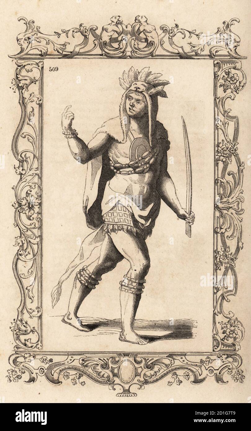 Chief Utina of the Timucuan people, Florida. Principal chef de l’armee. After an engraving by Theodor de Bry from an illustration by Jacques le Moyne. Within a decorative frame engraved by H. Catenacci and Fellmann. Woodblock engraving by Gerard Seguin and E.F. Huyot after Christoph Krieger from Cesare Vecellio’s Costumes anciens et modernes, Habits antichi et moderni di tutto il mondo, Firman Didot Ferris Fils, Paris, 1859-1860. Stock Photo