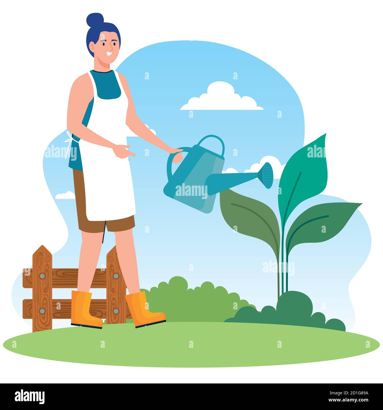 Gardening woman with watering can and plant vector design Stock Vector ...