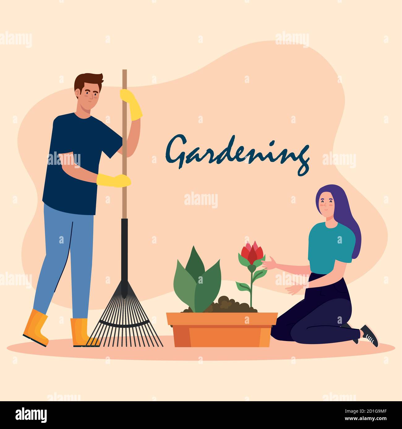 Gardening man and woman with rake and rose flower vector design Stock ...
