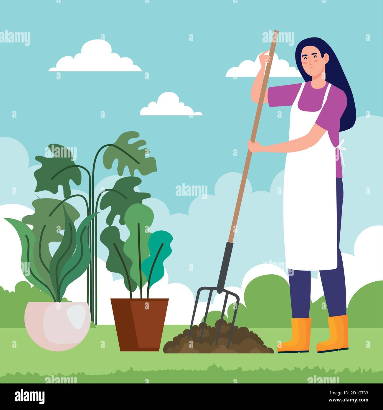 Gardening woman with rake and plants pots vector design Stock Vector ...