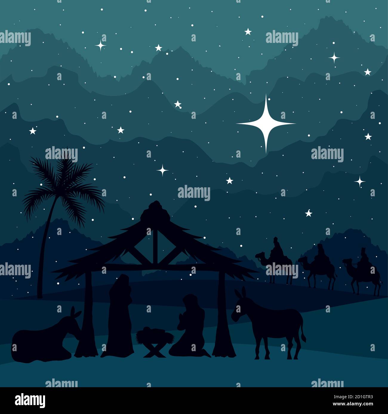 nativity mary joseph baby and wise men on green background vector ...
