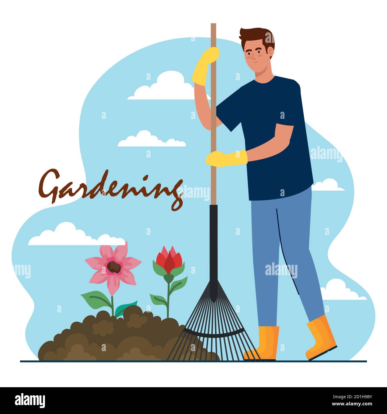 Gardening man with rake and flowers vector design Stock Vector Image ...