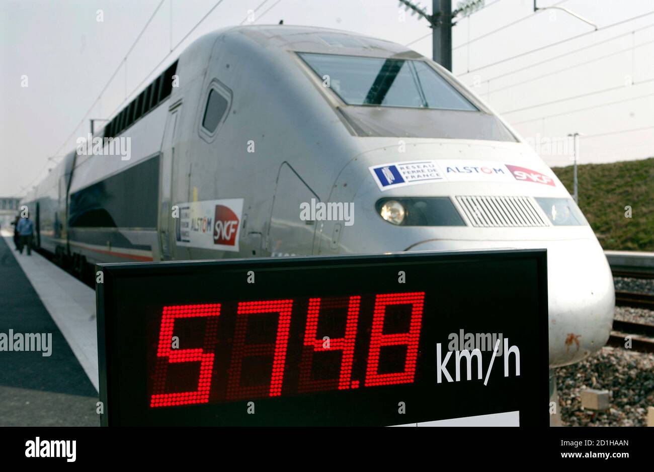 The special V150 French TGV high-speed train is seen after setting a world  speed record at 574.8 km (357 miles) per hour in France's Champagne region  at Bezannes, eastern France April 3,