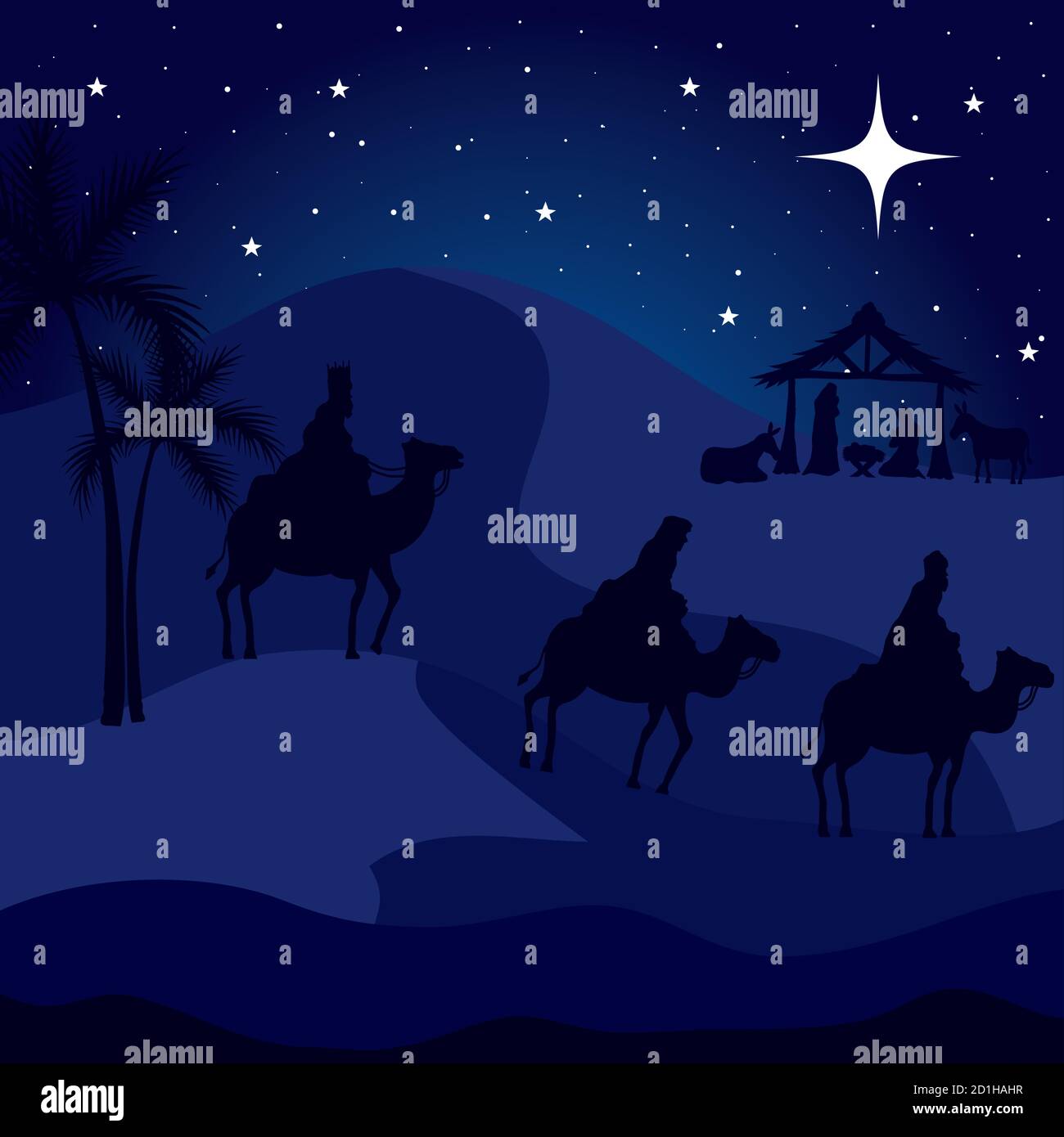 nativity mary joseph baby and wise men on blue background vector design ...