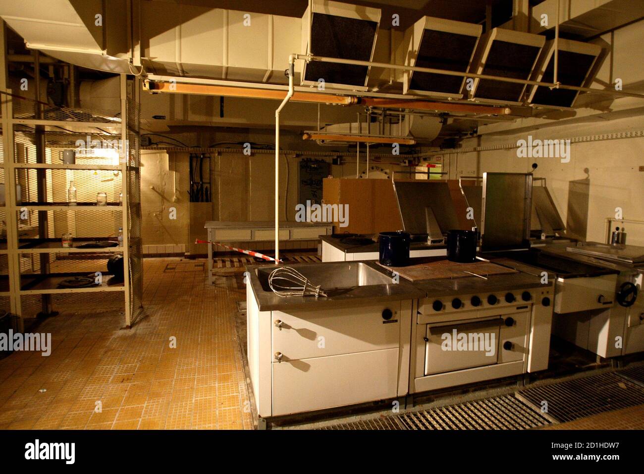 A kitchen inside the so-called 'Honecker Bunker' is pictured in Prenden some 50 kilometres north of the German capital Berlin, August 1, 2008. The bunker officially called 'Objekt 17/5001', finished in the year 1983, has around 400 rooms at 6500 square metres on three floors and is opened to the public for the next three months.     REUTERS/Tobias Schwarz     (GERMANY) Stock Photo