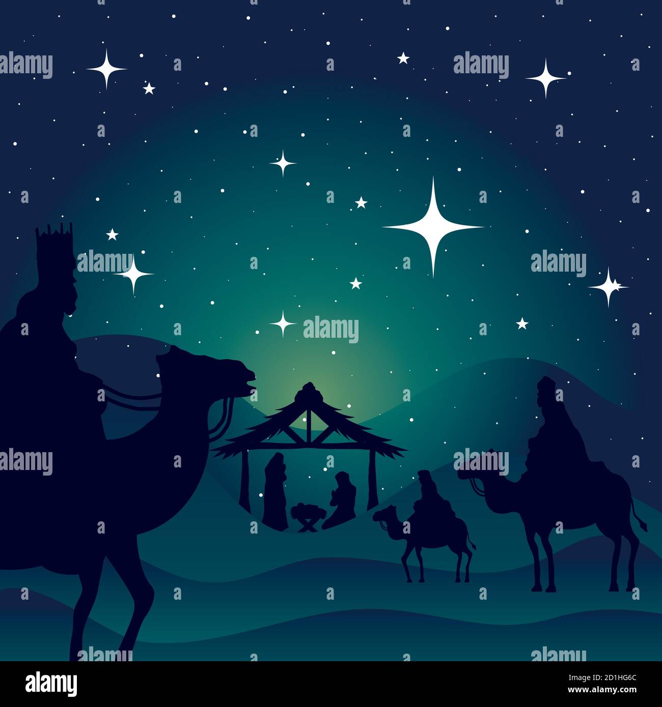nativity mary joseph baby and wise men on green background vector ...