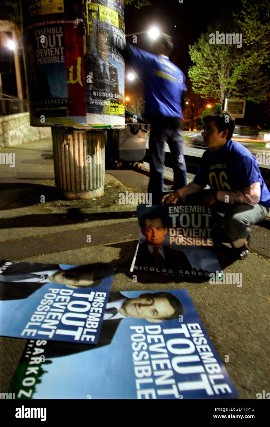 Young Ump Party Political Activists Stick Election Campaign Posters For Their Party S Presidential Candidate Nicolas Sarkozy Overnight In Nice South Eastern France April 6 2007 Renowned For A Thirst For Political Debate In