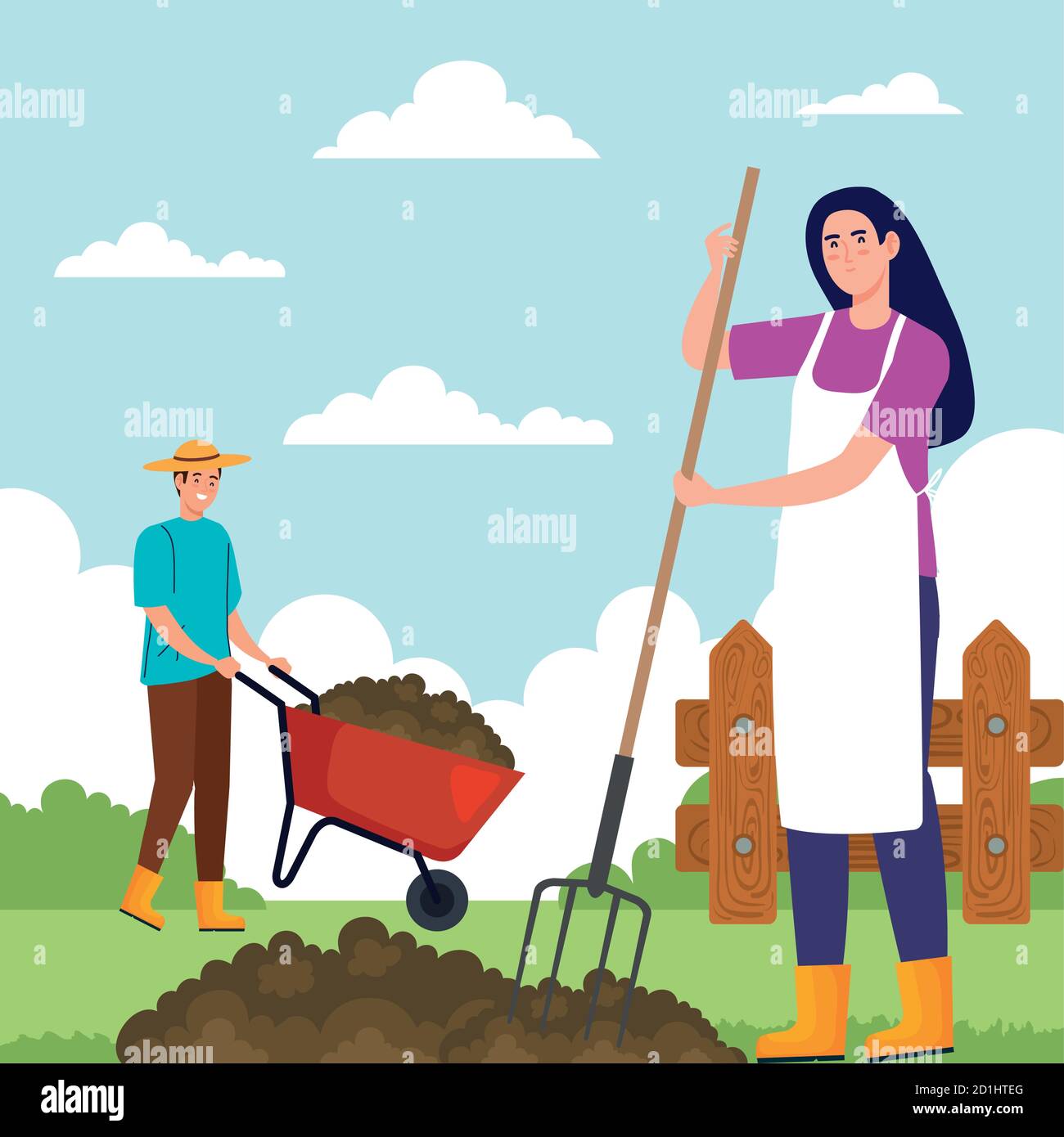 Gardening man and woman with rake and wheelbarrow vector design Stock ...