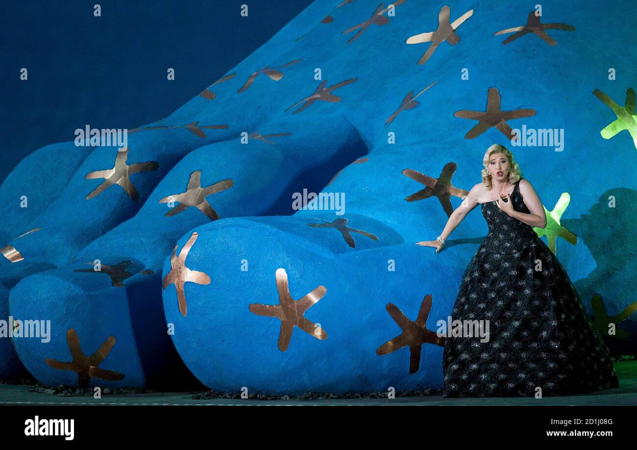 Singer Iano Tamar performs as 'Amneris' on a giant floating stage at Lake Constance during premiere of Giuseppe Verdi's 'Aida' in Bregenz July 22, 2009. The opera is directed by British director Graham Vick and runs until August 23, 2009. REUTERS/Miro Kuzmanovic (AUSTRIA ENTERTAINMENT) Stock Photo