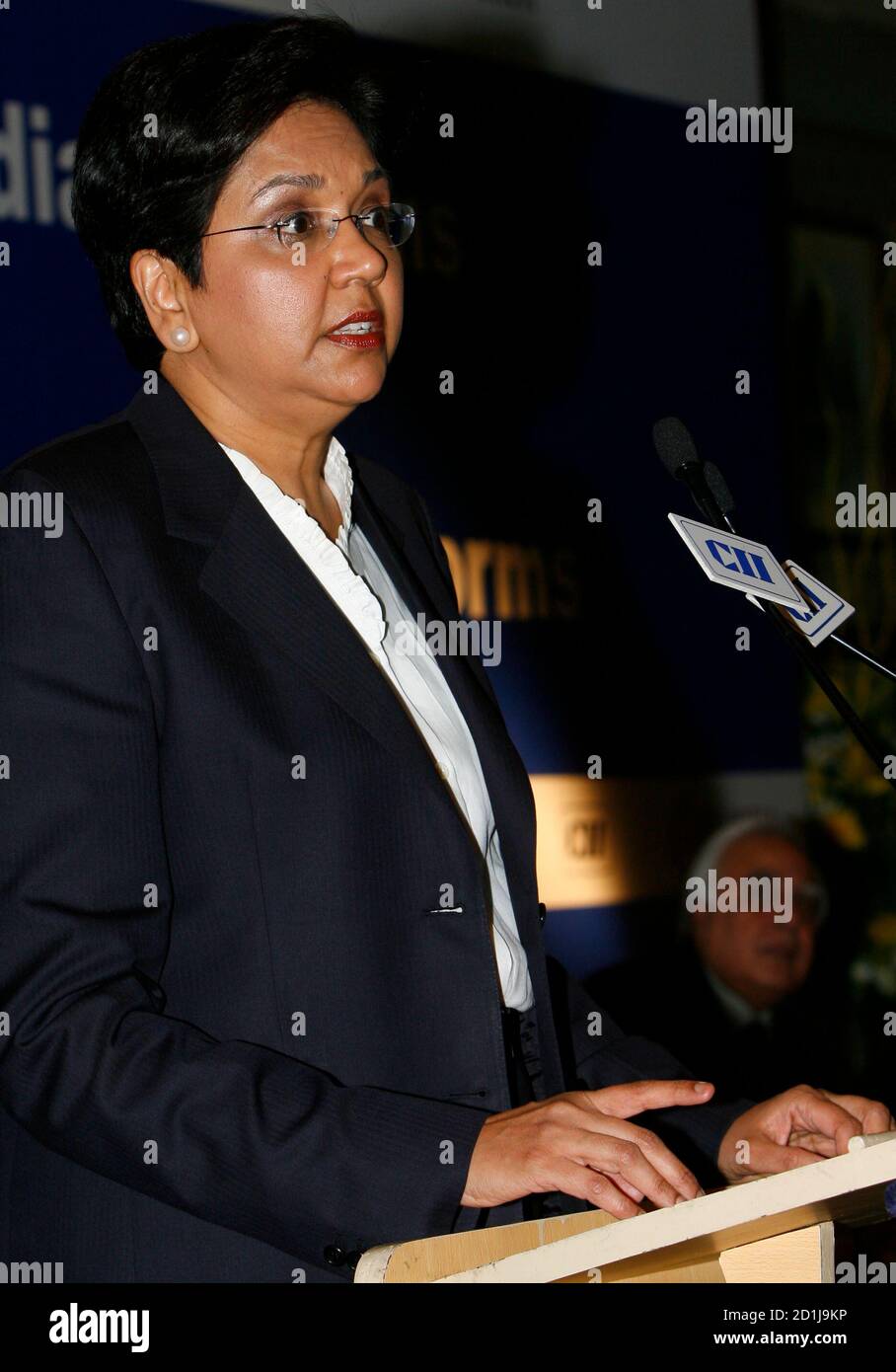 Indra Nooyi, chairman and chief executive officer of PepsiCo, speaks during a business meeting organised by the Confederation of Indian Industry (CII) in New Delhi September 24, 2008. REUTERS/B Mathur (INDIA) Stock Photo