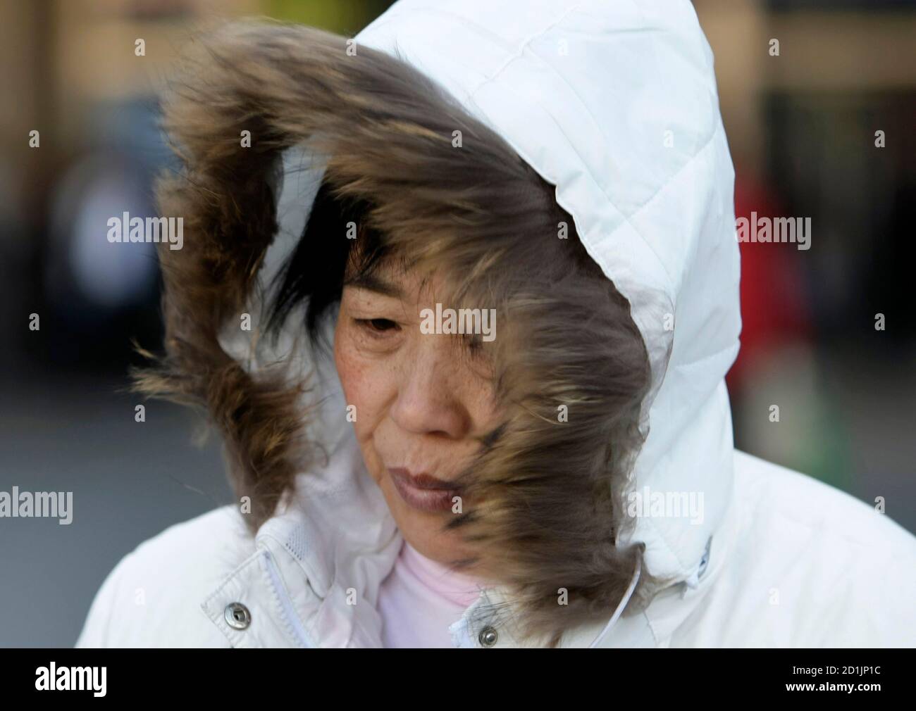 A woman wearing a coat walks in Beijing December 4, 2008. A Siberian cold front swept China on Thursday, with temperatures in the capital plunging below freezing and thousands stranded on snowbound expressways in the remote far northwest. REUTERS/Jason Lee (CHINA) Stock Photo
