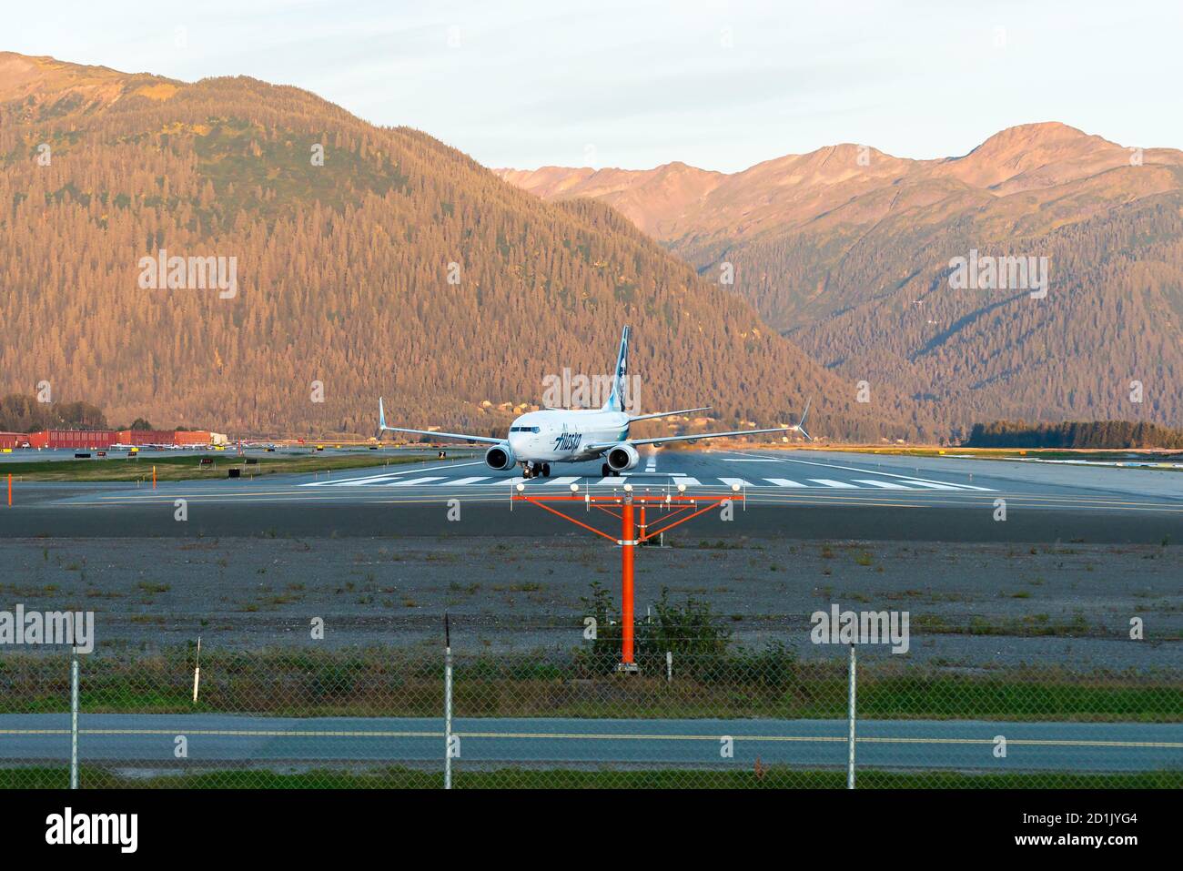 Alaska Airlines Boeing 737 on the runway of Juneau International