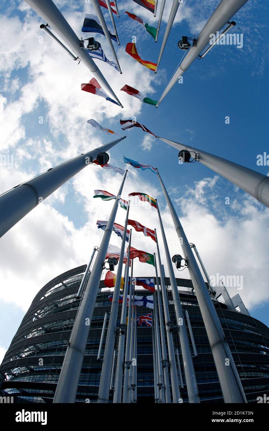 Flags of European Union member states fly in front of the European Parliament building in Strasbourg July 13, 2009, on the eve of the election of its new president. REUTERS/Vincent Kessler (FRANCE POLITICS) Stock Photo