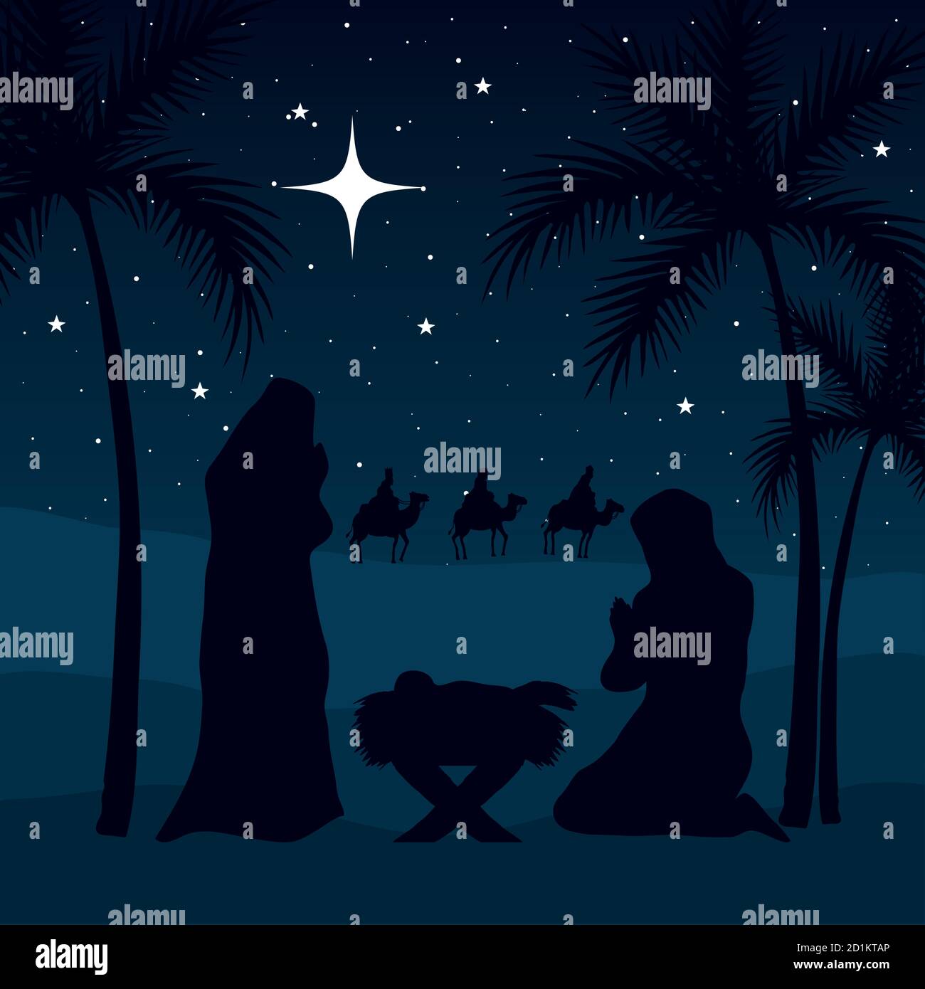 nativity mary joseph baby wise men and palm trees on green background ...