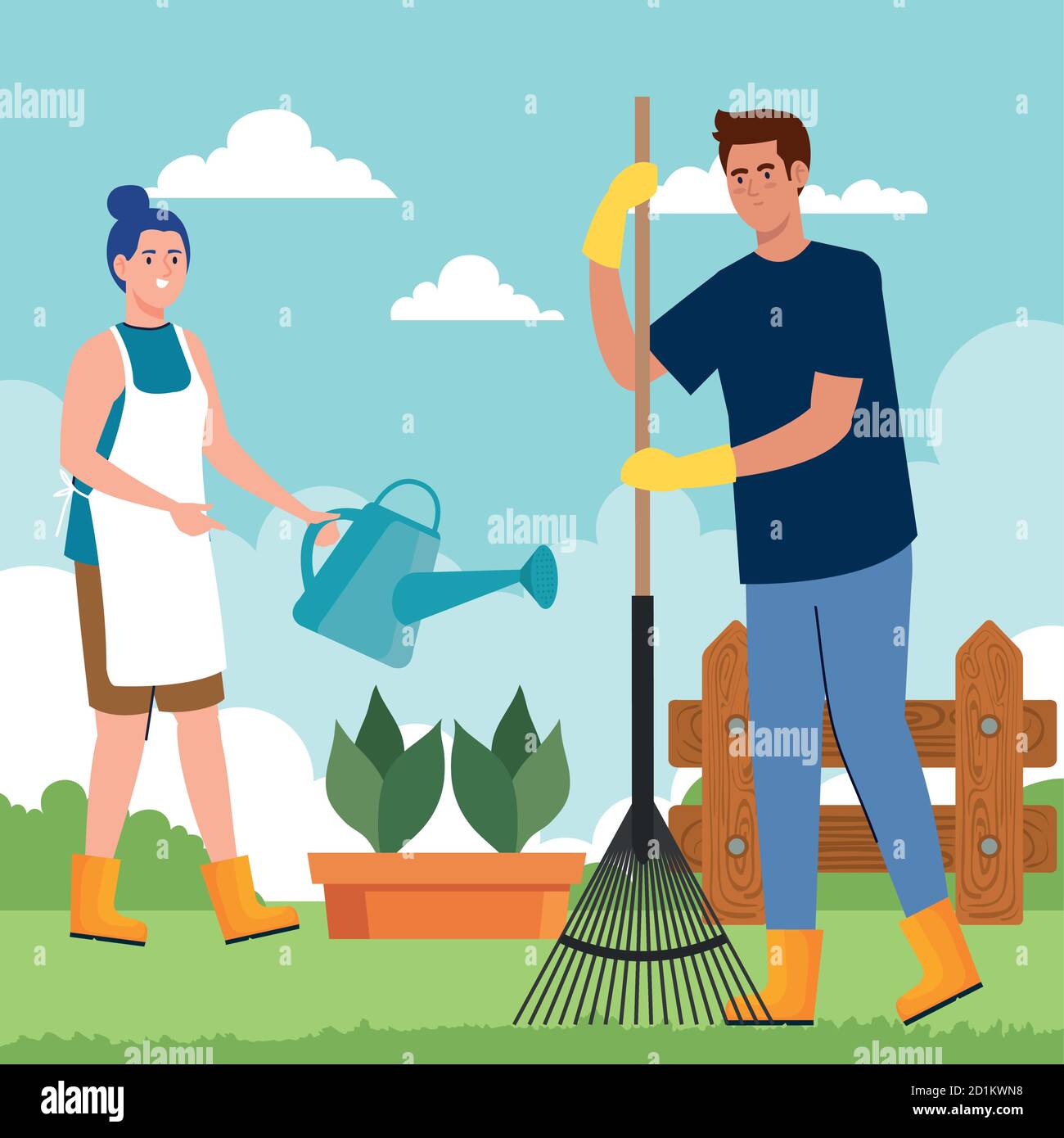Gardening man and woman with rake and watering can vector design Stock ...