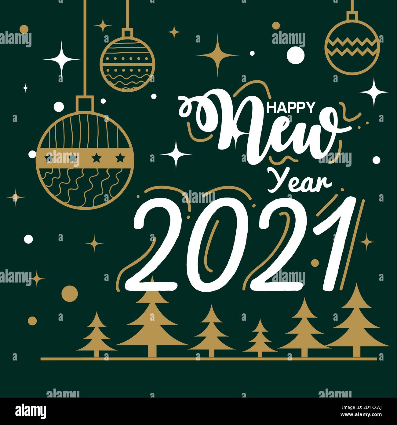 Happy new year 2021 with pine trees and spheres vector design Stock