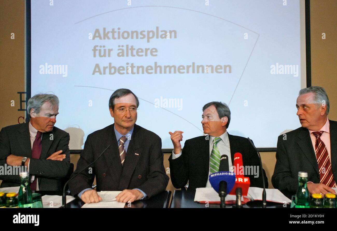 Federation of Austrian Industry President Veit Sorger, Chamber of Commerce President Christoph Leitl, Chamber of Labour President Herbert Tumpel and trade union OeGB President Rudolf Hundstorfer (L-R) prepare for a joint news conference in Vienna April 23, 2008. 'Aktionsplan fuer aeltere ArbeitnehmerInnen' reads 'Action plan for older workers'. REUTERS/Heinz-Peter Bader  (AUSTRIA) Stock Photo