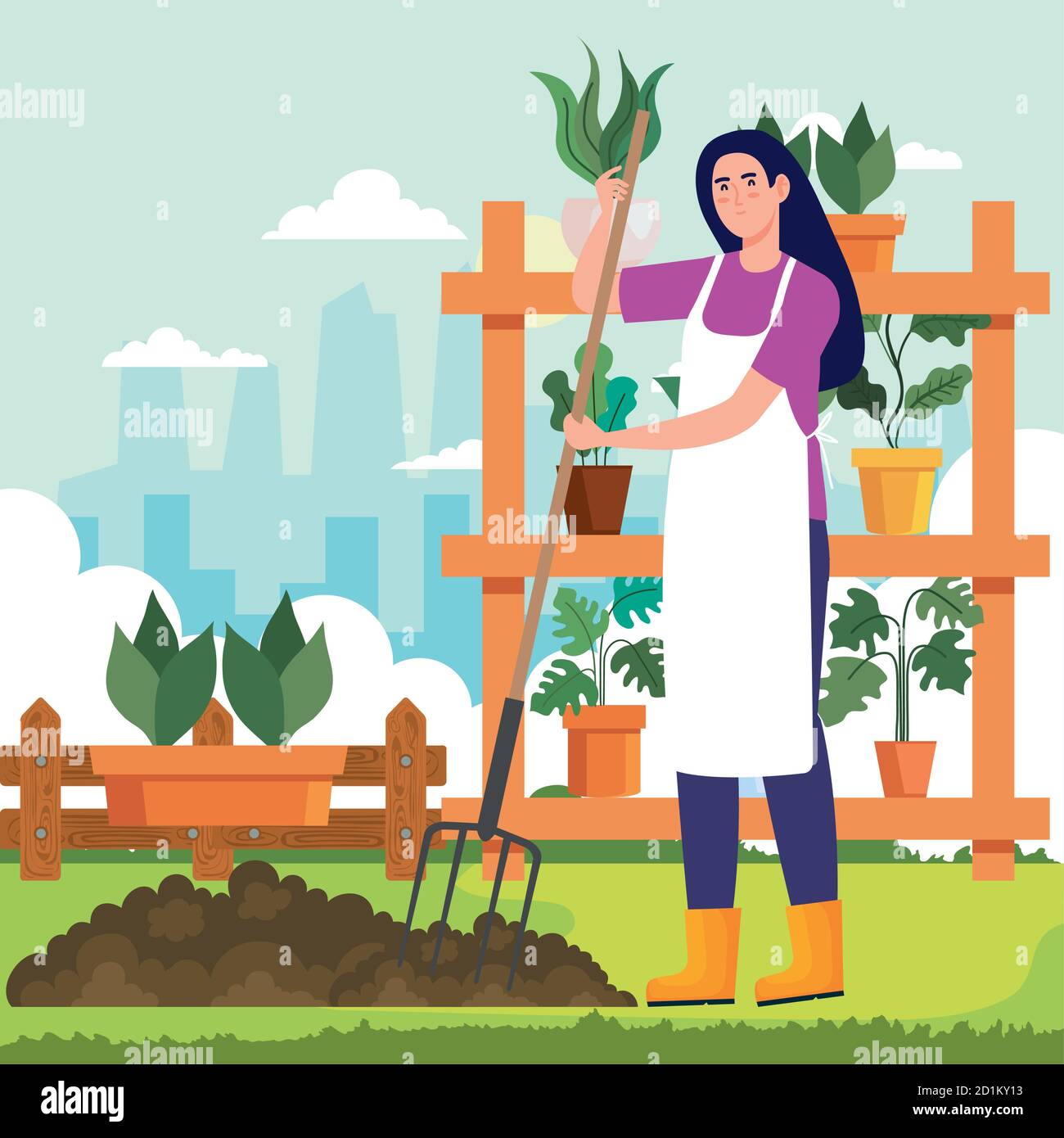 Gardening woman with rake and plants vector design Stock Vector Image ...