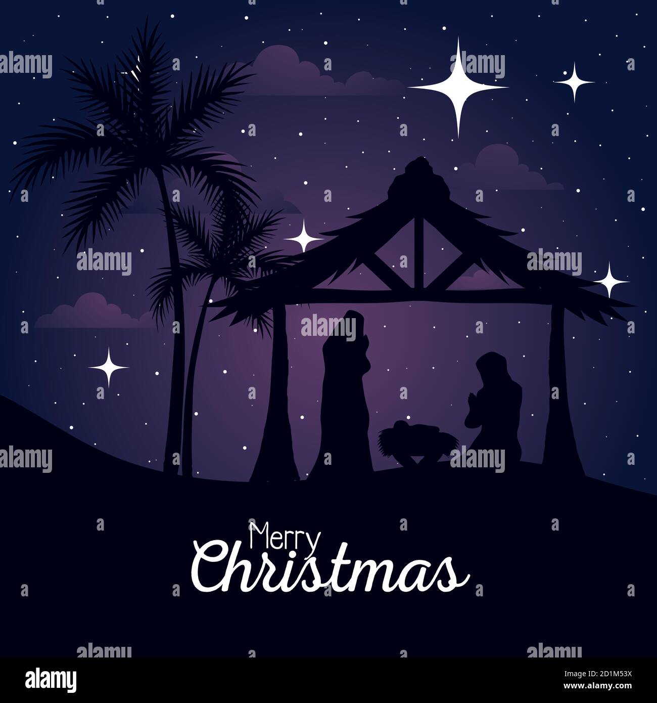 merry christmas and nativity mary joseph and baby in hut on purple ...