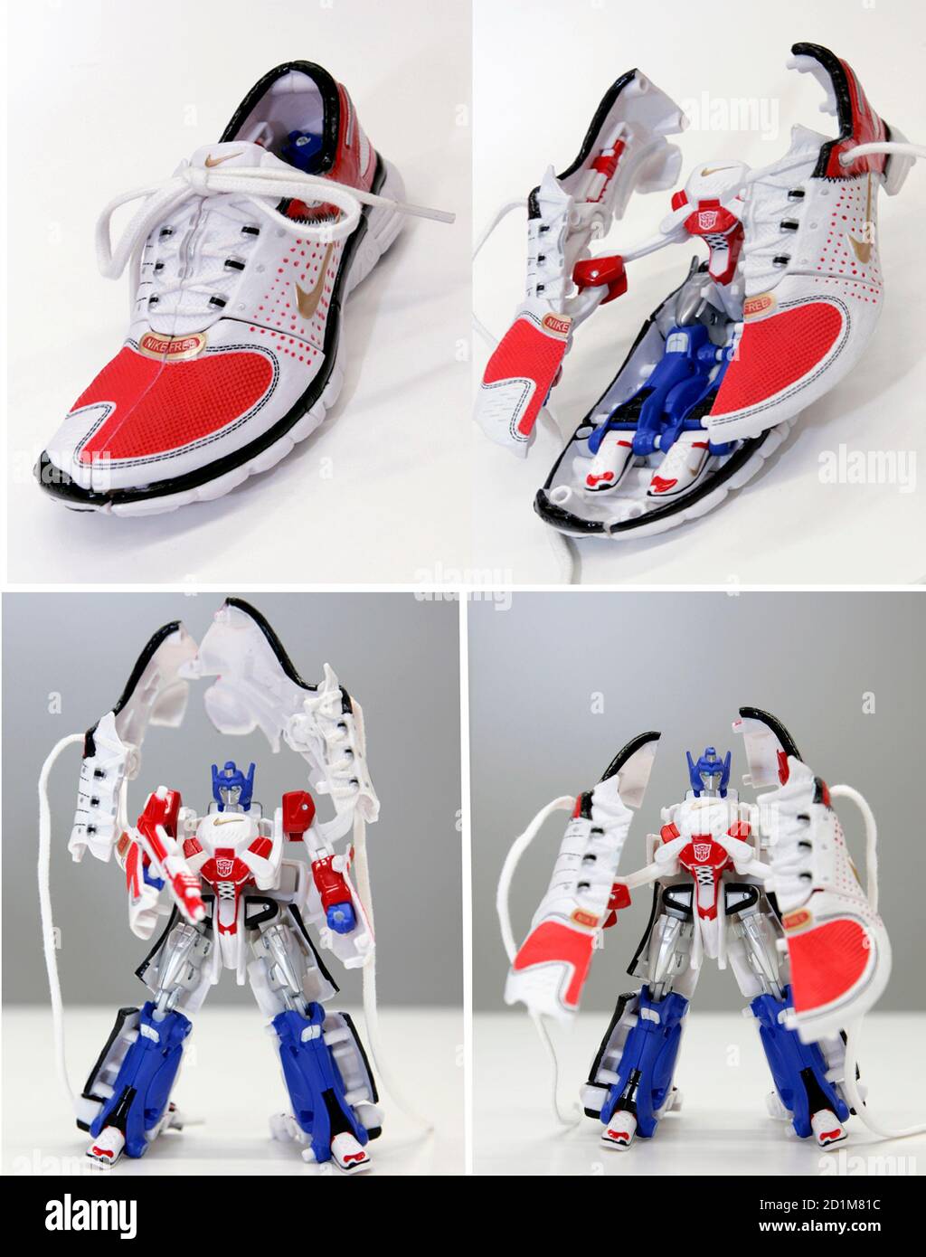 This combination picture (clockwise from top left) shows Japanese toymaker  Tomy Company's "Transformers Sports Label Convoy feat. Nike Free 7.0" in  Tokyo April 25, 2007. The toy transforms from a pair of