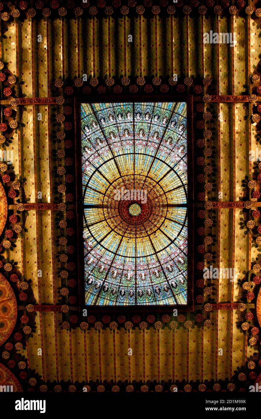 A view of the stained-glass skylight of the 'Palau de la Musica Catalana' in Barcelona January 9, 2008. The Palau de la Musica Catalana, which celebrates its centenary in 2008, is one of the world's leading concert halls and in 1997, it was declared a 'World Heritage Site' by UNESCO. The centenary celebrations will start from February 2008. REUTERS/Gustau Nacarino  (SPAIN) Stock Photo